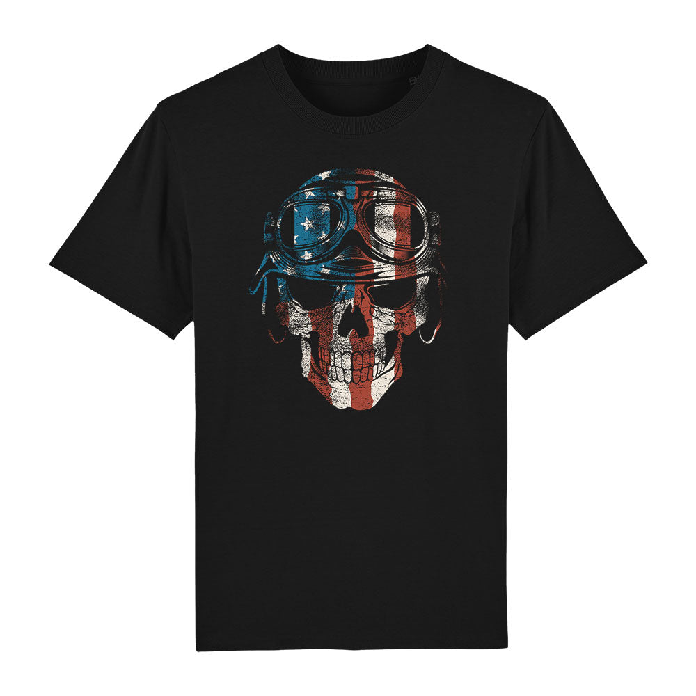 ein schwarzes T-Shirt mit einem amerikanischen Flaggen Totenkopf darauf